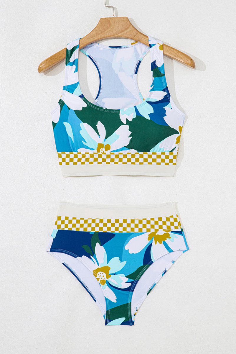 Green Floral Print Racerback Cutout High Waist 2pcs Bikini Set - Love Salve
